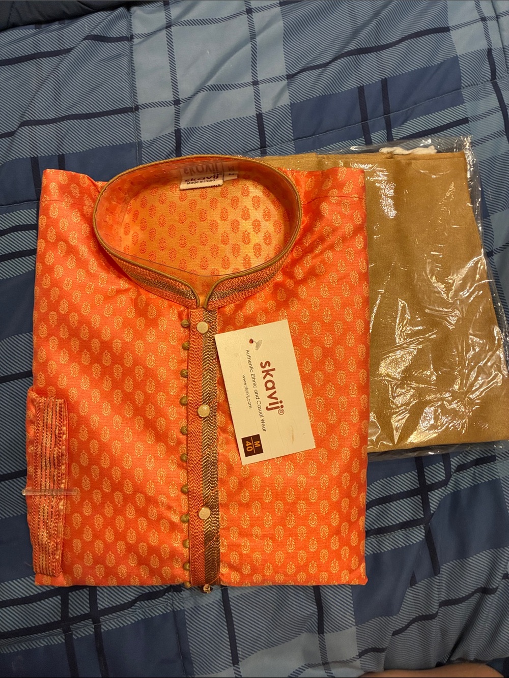 Men's Orange Traditional Kurta Pajama with Gold Motif and Brown Pant M|40